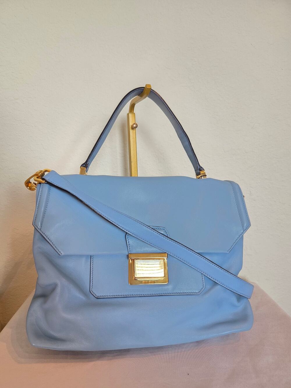 Miu Miu Light Blue Calfskin Leather Top Handle with Strap Crossbody